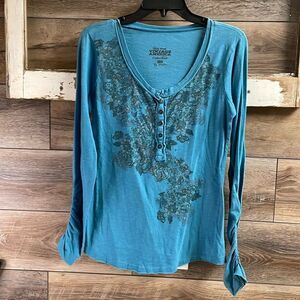 Nine West Vintage America Ladies Teal Long  Sleeve Floral Top, Size XS